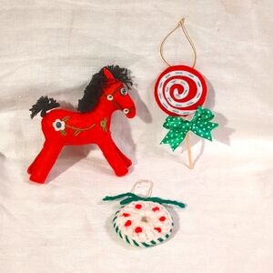 3 Christmas Ornaments Felt Crochet Horse Lollipop Grandma Handmade Core Set